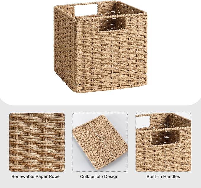 StorageWorks 9 inch Wicker Storage Cubes, Handwoven Wicker Baskets for Storage, Square Cube Organizer Bins, Foldable Paper Rope Basket for Organizing, Natural, 2 Pack