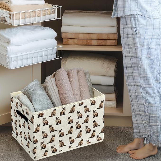 Siamese Cat Gifts Storage Bins & Boxes with Handles, Cat Mom Lovers Gifts Foldable Basket for Organizing, Gift for Pet Lovers Collapsible Storage Basket for Bedroom Bathroom Clothes Toys Books