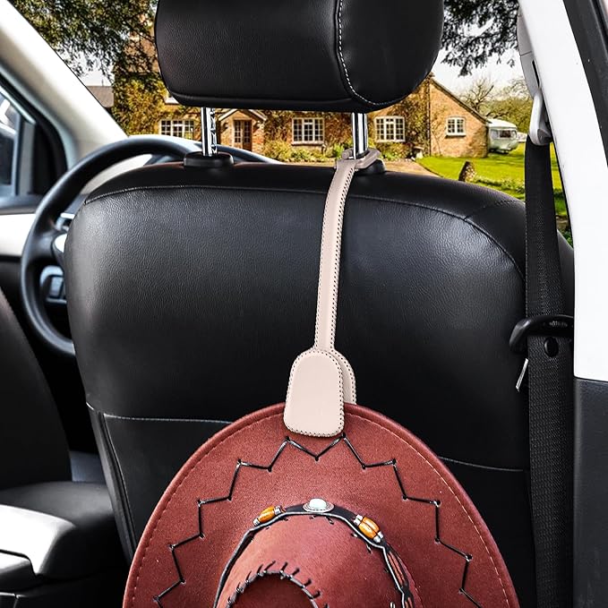 Hat Clip - Hat Holder for Car, Strong Grip Space-saving Hat Clips for Headrest, Leather Hat Organizer Accessories for Women/Family, Beige-1 Pack