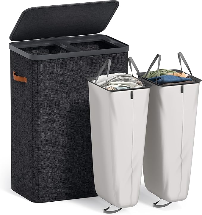 Sorbus Laundry Hamper with Lid - Collapsible 2-Compartment Fabric Laundry Basket with Handles and Removable Laundry Bag – 45 Gallon (170 L) Dirty Clothes Hamper for Bedroom, bathroom and dorm (Black)