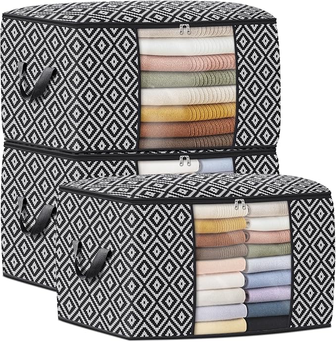 Direct 100L, 3 Pack, Storage Containers, Large Clothes Storage Bins Foldable Organization and Storage Bags with Reinforced Handle, Clear Window for Bedding, Blankets, Clothing, Black