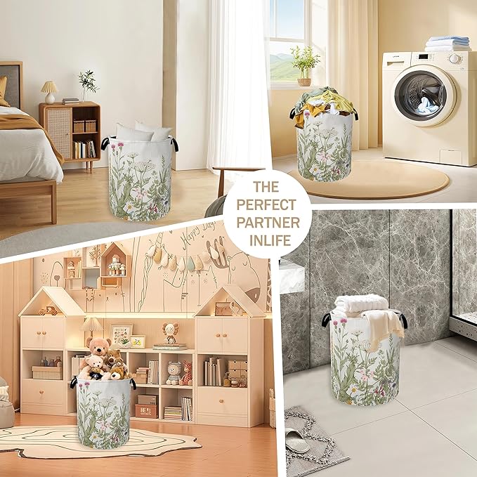 Laundry Hamper,Rustic Wild Flowers Laundry Basket,Spring Floral Portable Collapsible Laundry Room Organization Storage for Dorm Room,Nursery,Bathroom,Bedroom,16x20 Inch