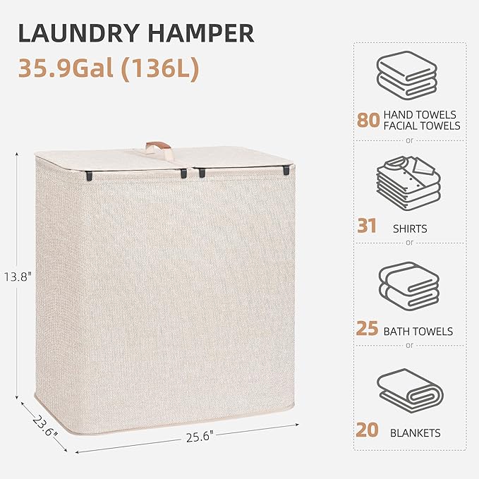 STORAGE MANIAC Double Laundry Hamper, 136L Laundry Sorter with Lid and Removable Bags, Clothes Hamper, Large 2 Section Clothes Basket with Handles for Small Space, Dorm, Closet, Bathroom, Beige