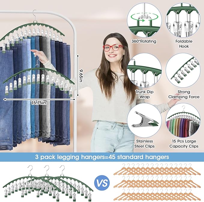 3 Pack Legging Organizer for Closet Hanging, Pants Hangers with Clips Holds 45 Leggings, Shorts, Skirts, Jeans, Hats, Pants Hangers Space Saving Clothes Racks Closet Organizers and Storage, Green