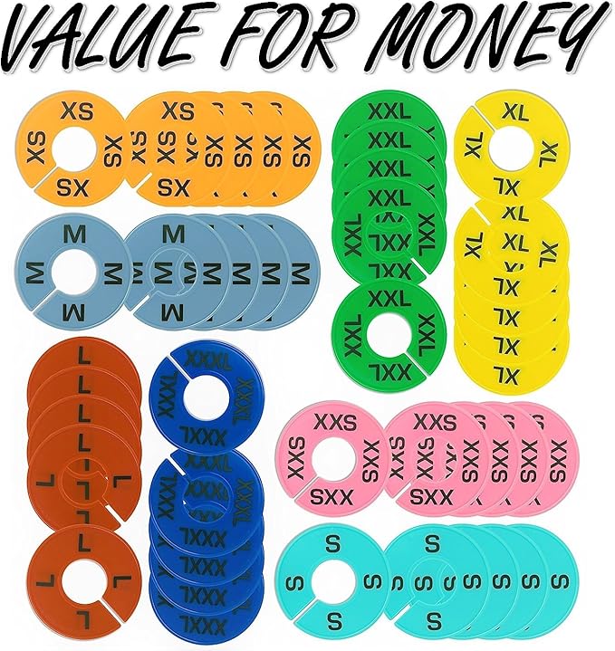 Clothes Size Dividers | 40 Pieces 8 Colors XXS-XXXL | Ultimate Clothing Rack Dividers | Round Clothes Rack Clothes Hangers, Commercial Clothing Racks, Clothing Shops by GIDABRAND