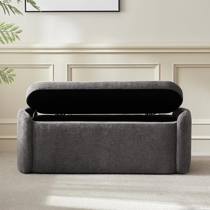 VKNOW Oval Storage Ottoman Bench, 46" Upholstered End of Bed Bench Ottomans Bench Foot Rest, Sherpa Storage Bench for Bedroom, Living Room and Hallway, Dark Grey