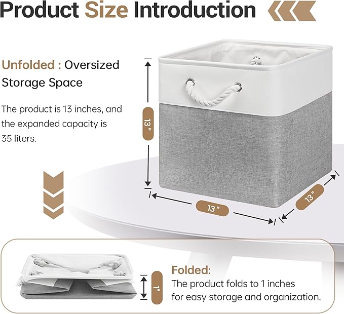 13x13 Inch Cube Storage Bins with Reinforced Bottom Cardboard, 6 Pack Large Foldable Fabric Storage Cubes with Handles for Shelf, Closet, Laundry Organization (White&Gray)