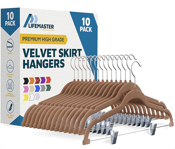 Lifemaster Velvet Skirt Hangers – with Adjustable Clips, 360 Degree Swivel Hook, and Non-Slip Shoulder Notch, Holds Up to 10 lbs, for Organizing Skirt, Pants, Dress, and Clothes, Pack of 10, Brown