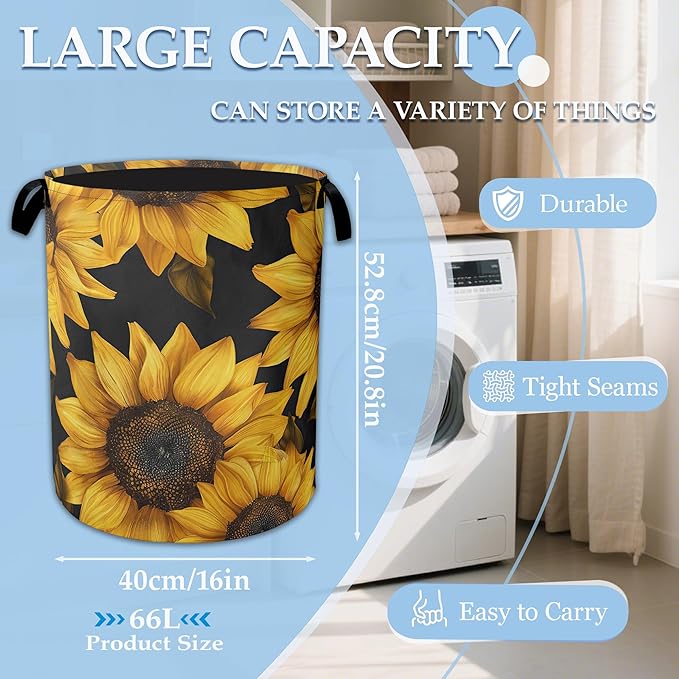 Sunflowers Laundry Basket Collapsible Laundry Hamper Oxford Storage Bin for Clothes Storage, Toy Organizer, Books and Sundries 16" X 20.8"
