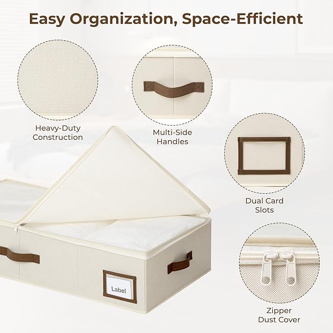 GRANNY SAYS 6.5-Inch Foldable Underbed Storage Box with Lid, Sturdy Frabic Organizer with Reinforced Bottom for Clothes, Shoes, Low-Profile Underbed Container for Bedroom, Closet,2 Pack, Beige