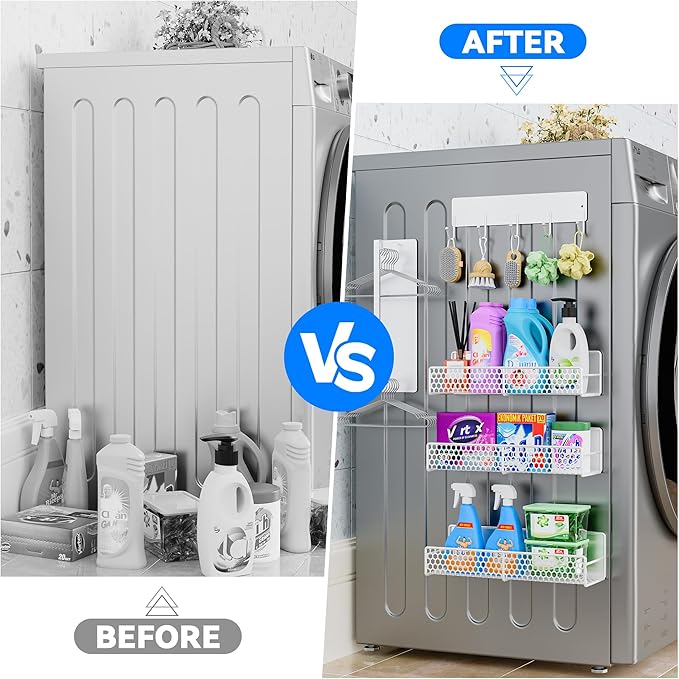 5 Pack Multifunctional Magnetic Shelves for Washing Machine & Refrigerator - Heavy Duty Laundry Room Organization System with Tool Hooks, Metal Storage Baskets (White)