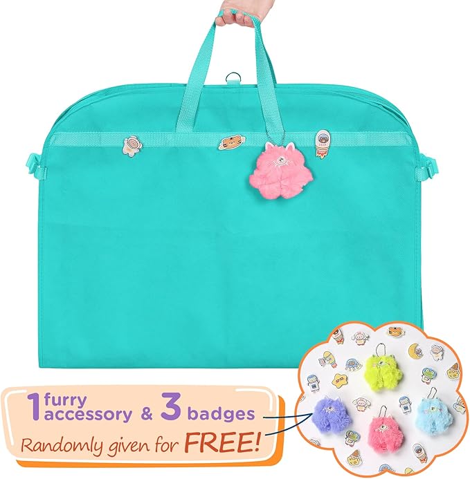 Univivi Kids Garment Bags for Dance Costumes 40 Inch Dance Costumes Bag, 3 Medium Clear Zipper Pockets and 2 Back Zippered Pockets, with 1 xPendant, 3 x Badge - Green