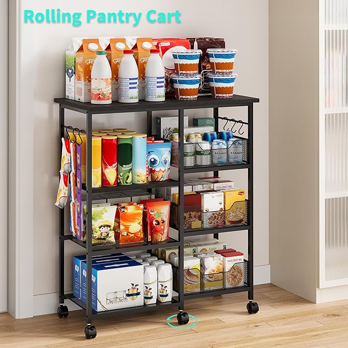 HapiRm Rolling Kitchen Carts with Storage - Microwave Table Stand with 6 Hooks & 3 Baskets, kitchen Island Cart on Lockable Wheels, 28.3" L × 14.6" W Bakers Rack Cart for Dining Room Coffee Bar Office