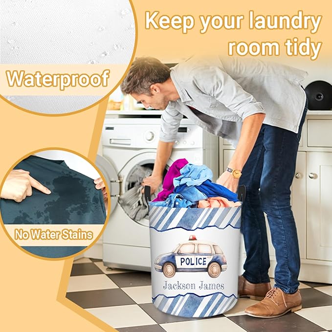 Personalized Police Car Laundry Basket, Custom Laundry Hamper With Name Gifts For Kids Baby Adults, Collapsible Dirty Clothes Storage Organizer With Handles S 16.5 X 13.8in