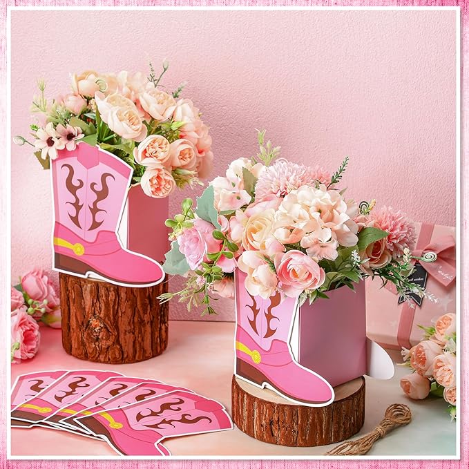 8 Set Western Cowboy Boots Flower Boxes Centerpiece Boot Shape Gift Boxes Western Party Decoration Vase Centerpieces for Table Rodeo Birthday Baby Shower Wedding Supplies(Pink)