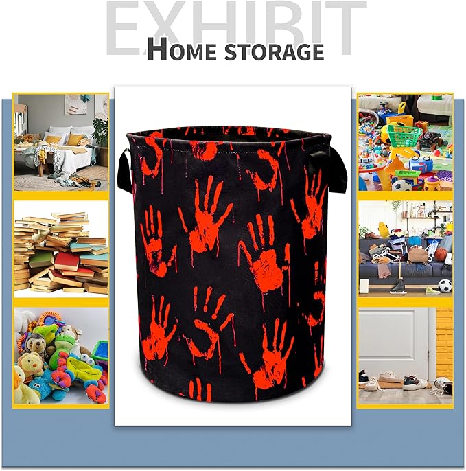 Blood Spatter Hand Print Laundry Basket Blood Drop Pattern Foldable Oxford Cloth Funny Tote Bag Laundry Hamper Clothes Storage Bucket Organizer For Bathroom/Laundry/Bedroom 18.9x16.5in