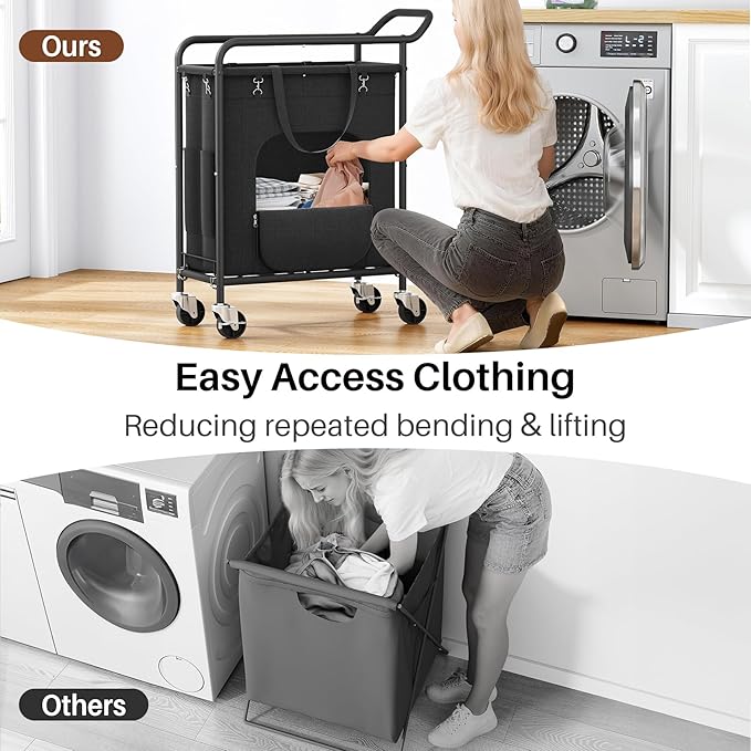 Laundry Basket with Wheels,150L Large Rolling Laundry Hamper, Heavy-Duty Laundry Cart Sturdy Metal Frame with Handle, Minimizes Bending Easy Access Clothing for Bedroom, Bathroom, Laundry Room (Black)
