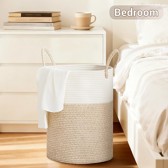 Tall Laundry Basket with Handles, 58L Portable Dirty Clothes Hamper, Boho Cotton Rope Storage Bin for Blankets Kids Toys Gifts, Decorative Organizer for Baby Nursery Bedroom Bathroom, Brown