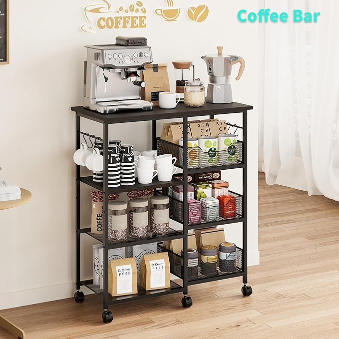 HapiRm Rolling Kitchen Carts with Storage - Microwave Table Stand with 6 Hooks & 3 Baskets, kitchen Island Cart on Lockable Wheels, 28.3" L × 14.6" W Bakers Rack Cart for Dining Room Coffee Bar Office