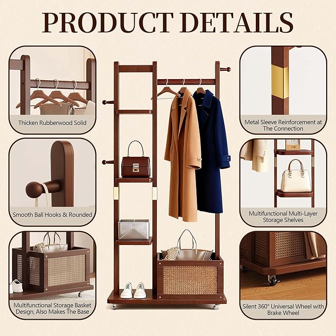 Solid Wood Clothes Rack with Wheels - 4 Shelves, 4 Hooks, Storage Basket for Hanging Garment Wallets Hats, Coat Rack Freestanding, Clothing Rack Heavy Duty Hall Tree for Living Room Hallway