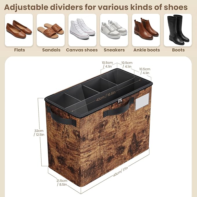 Varhomax Shoe Organizer Box for Closet, Small Fabric Shoe Storage Bin with Adjustable Dividers & Clear Cover, Saving Space Sneakers & Sandals Containers for Entryway, Cubby