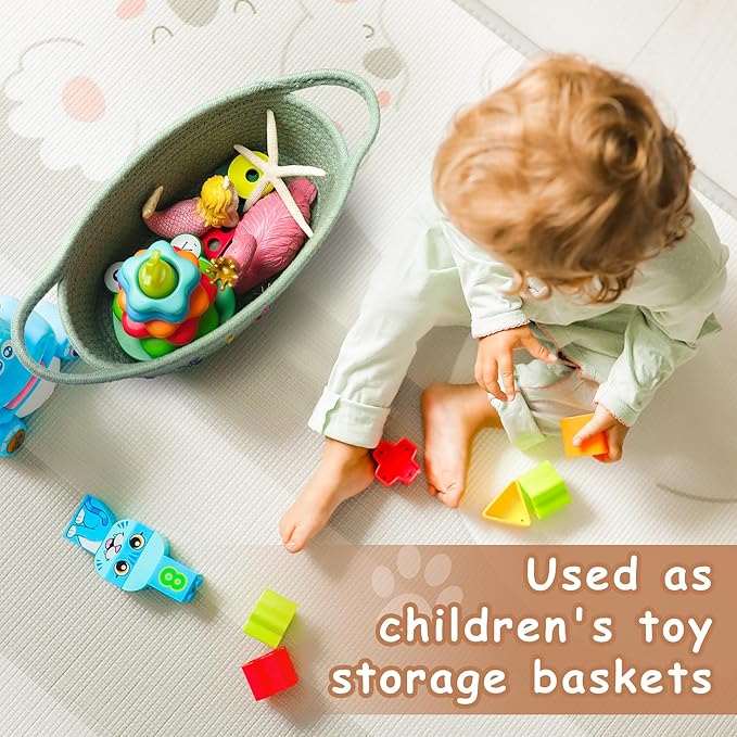 Small Woven Baskets for Organizing Rope with Handle Cute Cotton Basket for Nursery Gift Dog Cat Toy Storage Basket for Toy Organizer-Green