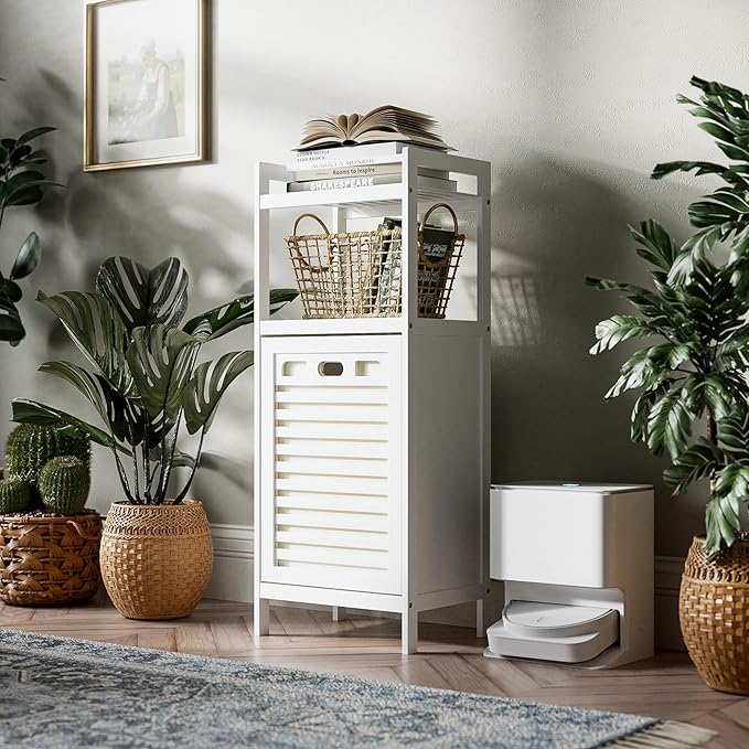 HITNET Bamboo Tilt Out Hamper, Bathroom Laundry Cabinet with Hidden Foldable Basket, Freestanding Clothes Storage Organizer with Storage Shelf, White
