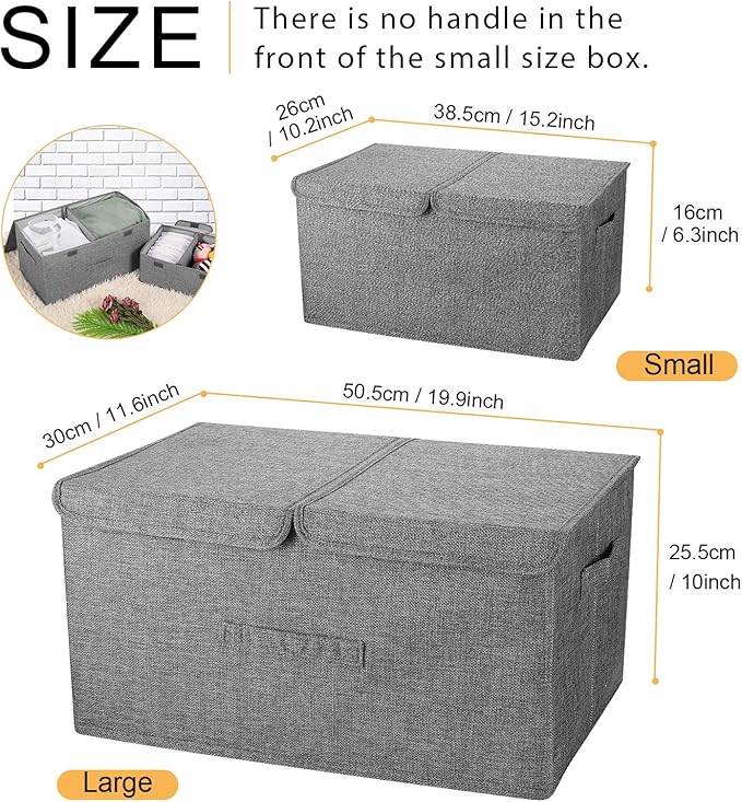 2 Pack Large Storage Boxes with Lids and Handles, Collapsible Linen Storage Bins Organizer Containers Baskets Cube with Removable Divider for Home Bedroom Closet Office (Orange, Small)