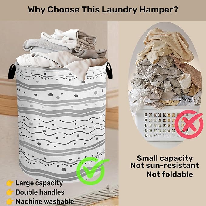 Grey Lines Laundry Basket - Heavy Duty 60L Dirty Clothes Organizer, Water Resistant Foldable Hamper for Men Women