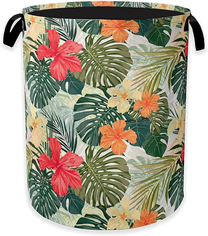 Tropical Palm Leaves Laundry Basket,Summer Flowers Clothes Hamper,Oxford Cloth Collapsible Nursery Hamper Storage Organization for Bedroom,Bathroom,Office,College Dorms,16x20 Inch