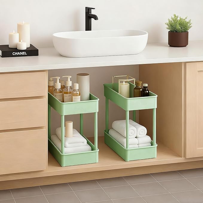 ShellKingdom 4 Tier Bathroom Storage Organizer, Slim Rolling Storage Cart for Narrow Space, Mobile Shelving Unit with Lockable Wheels and Hooks for Bathroom, Kitchen, Laundry Movable Shelf (Green)