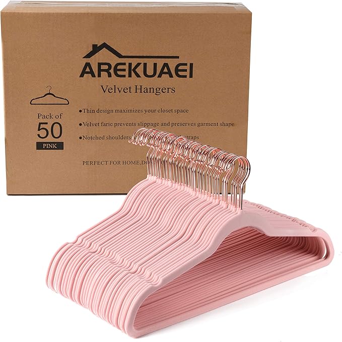 Premium Blush Pink Velvet Hangers (Pack of 50) Heavyduty - Non Slip - Copper/Rose Gold Hooks,Space Saving Clothes Hangers