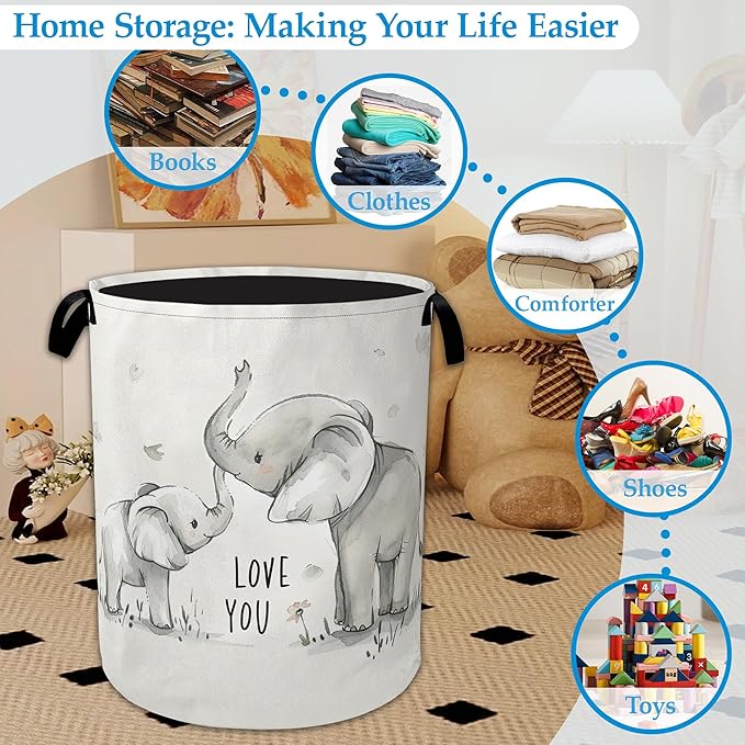 Cute White Elephant Laundry Basket Collapsible Laundry Hamper Oxford Storage Bin for Clothes Storage, Toy Organizer, Books and Sundries 16" X 20.8"