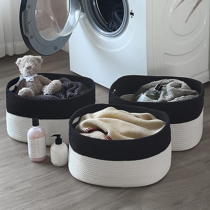 Cotton Rope Storage Basket, 15x10x9 Inches, Woven Basket for Shelves, Clothes, Towels, Books, and Laundry, Black/White (2 Pack)
