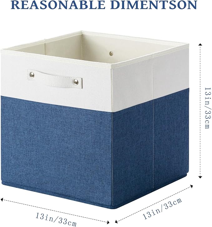 13 x 13 Inch Fine Linen Storage Bins with Handles，Fabric Cube Boxs，Basket Organizers for Shelves for Home, Closet Drawers (White/Blue-6 Pack)