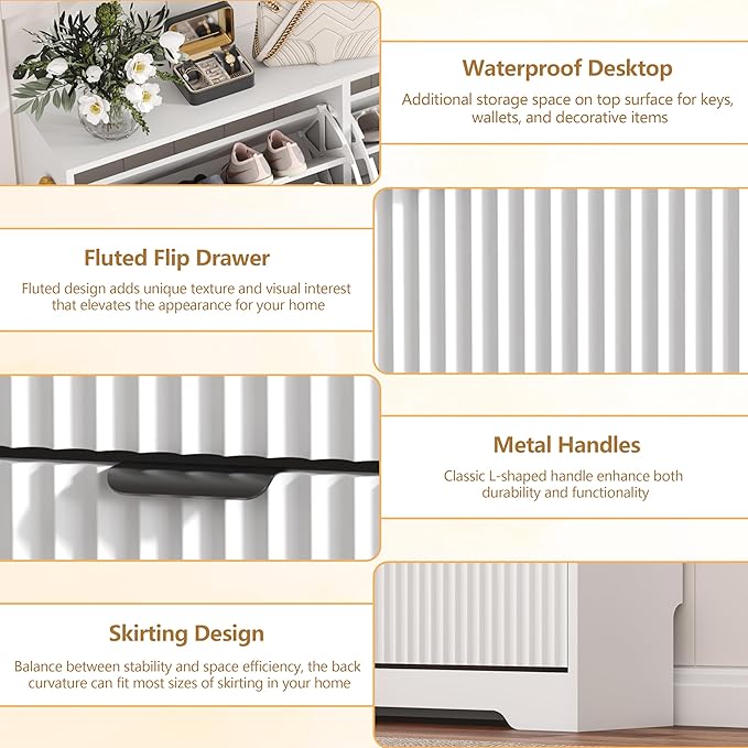 Shoe Cabinet Storage for Entryway with 3 Flip Drawers, White Fluted Shoe Cabinet with Adjustable Shelves, Wooden Hidden Shoe Rack Freestanding Narrow Slim Shoes Storage for Hallway, Entrance