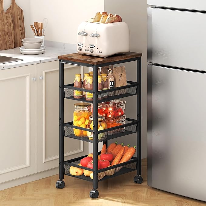 Hoctieon Rolling Storage Cart, 4-Tier 11.8" Wide Panel Kitchen Storage Cart, Utility Carts with Handle & Wheels, Mobile Shelving Unit, Metal Frame Narrow Carts for Home Kitchen, Laundry, Rustic Brown