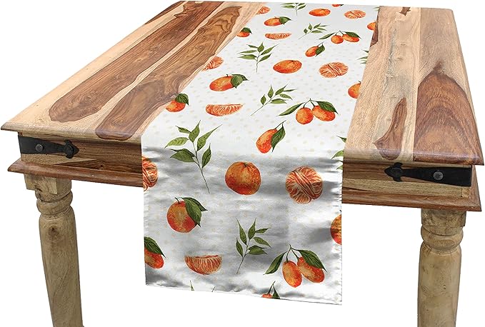 Ambesonne Burnt Orange Table Runner, Watercolor Orange and Tangerine Fruits with Leaves on Polka Dots, Rectangle Scarf for Dining Room Kitchen Table Setting Decor, 12" x 72", Burnt Orange Fern Green