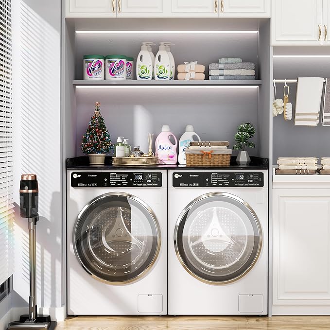 Aheaplus Washer and Dryer Countertop, Laundry Room Organization with Non-Slip Pads, Wood Shelf Topper with Round Corner Edge Rails, Folding Organizer for Laundry, 54" W x 27.5" D, Black Marble