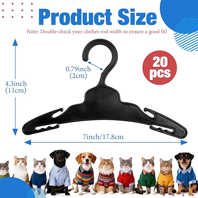 20 Pcs Dog Clothes Hangers 7 Inch Black Plastic Pet Clothes Hangers with Non-Slip Clips, Cat Clothing Hangers, Pet Clothing Holders Coat Hangers for Small Pet Such as Dog & Cat Costumes