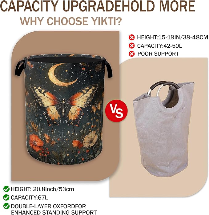 Laundry Hamper,Vintage Butterfly Flower Laundry Basket,Gothic Garden Moon Portable Collapsible Laundry Room Organization Storage for Dorm Room,Nursery,Bathroom,Bedroom,16x20 Inch