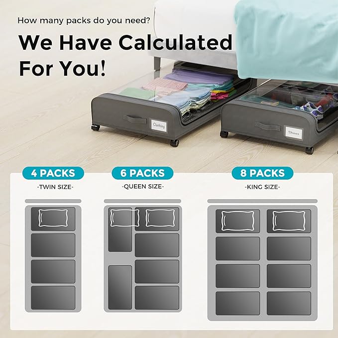 oylik 4 Pack Under Bed Storage with Wheels, Under Bed Shoe Storage Larger Capacity with PVC Clear Window & Label, Under the Bed Storage Containers for Shoe Clothes Toy Book(Grey)