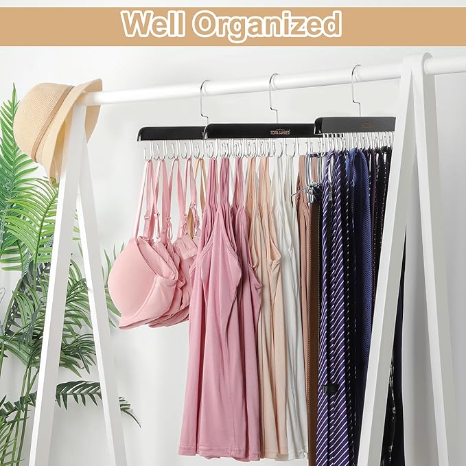 TOPIA HANGER Bra Hanger for Closet, 2 Pack Tank Top Hangers 40 Hooks Capacity Foldable Wood Space Saving Hangers Closet Organizer for Tank Top, Bra, Scarf, Belt, Tie etc - CT46B-2
