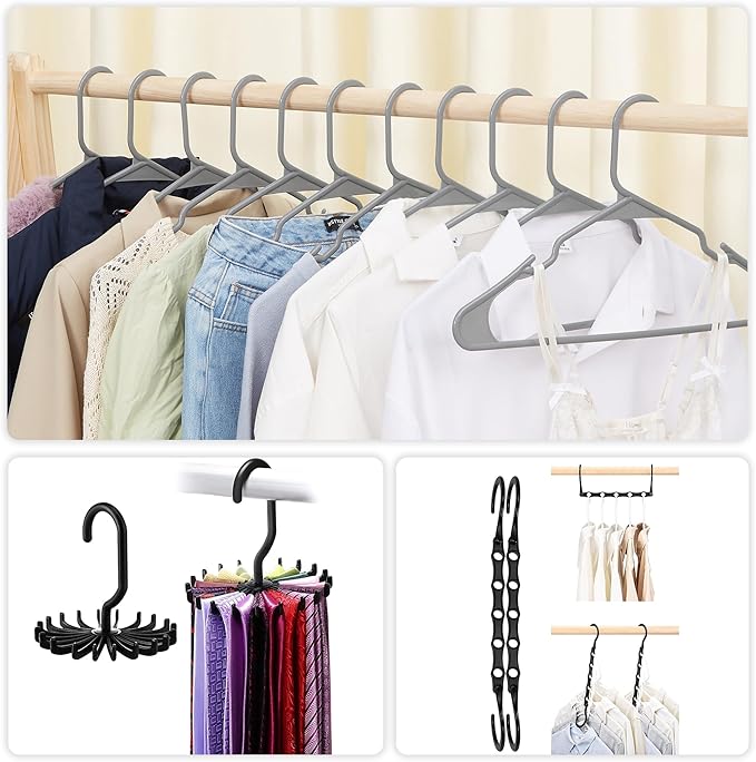 VECELO 25 Pack Plastic Hangers-Clothes Hangers Set with Shoulder Non Slip Notches for Closet Space Saving-Heavy Duty Coat Hanger,Gray