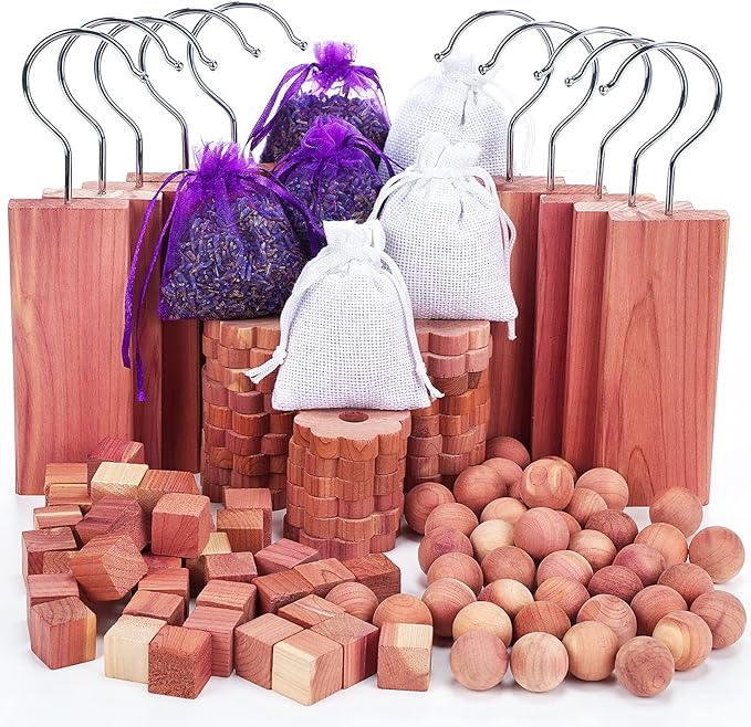 Demissle 120 Pieces Cedar Blocks for Clothes Storage Includes Cubes, Balls, Rings, Pendants, Pouches, Lavender Sachets for Closets and Drawers, Fresh Scented Sachets