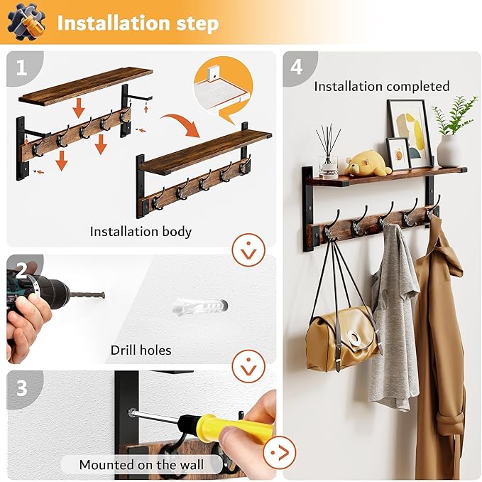 Coat Rack Wall Mount with Hooks and Shelf for Coat, Backpack, Key, Clothes Hanger, Wall Floating Shelf for Entryway, Living Room, Bathroom, Bedroom, Kitchen