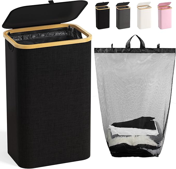 100L Laundry Hamper with Lid, Large Laundry Basket with Bamboo Handles, Clothes Hampers for Laundry with Removable Bag, Dirty Clothes Hampers for Bedroom Aesthetic, Black