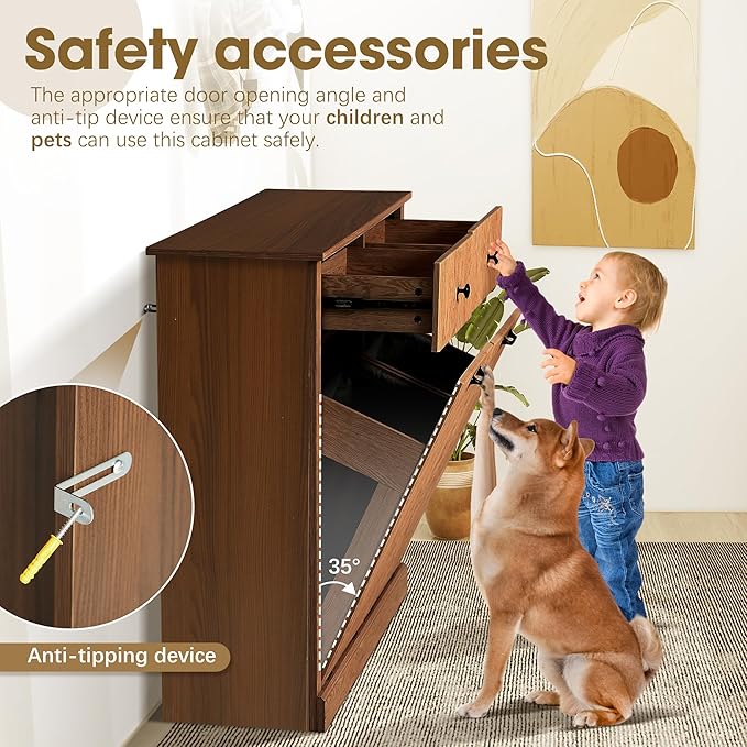 Grepatio Double Laundry Hamper, Fluted Tilt Out Laundry Hamper Cabinet, 22 Gallon Hidden Trash Can, Wooden Garbage Can Cabinet with 2 Drawer, Free Standing for Bathroom, Kitchen (Brown, Double)