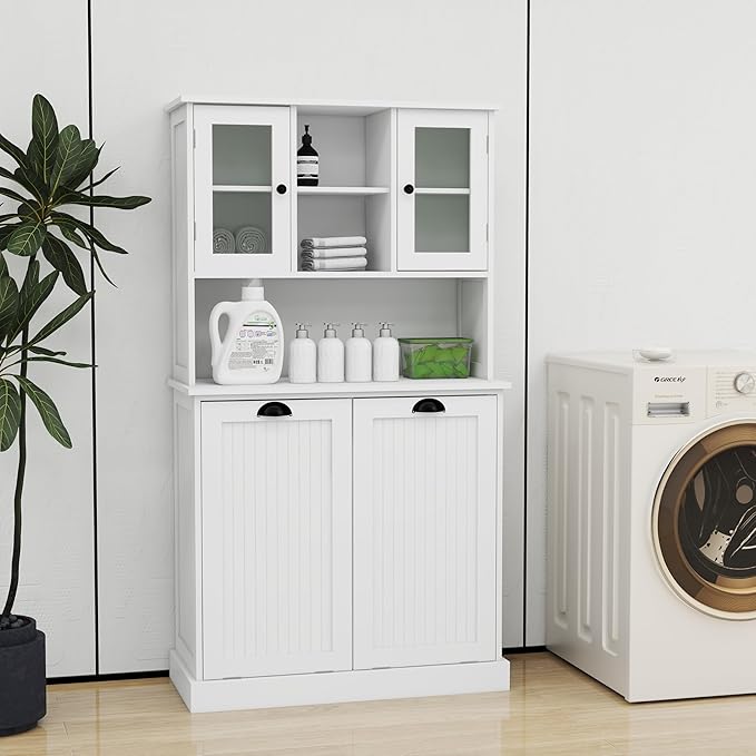 Tall Tilt-Out Double Doors Laundry Cabinet Hamper, Large Pull Out Laundry Room Storage Cabinets, Bathroom Cabinet with Hidden Laundry Hamper & Glass Doors, White,13 * 2 Gallons