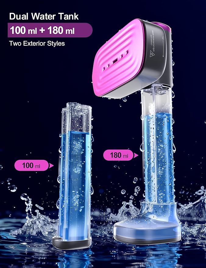 Travel Steamer for Clothes, with 2 Water Tanks (180 ml and 100 ml), Fast Heating, 24g/min Strong Steam, Mini Clothes irons LED Touch Display Dry Ironing, 1200W Portable Steamer ＆ Iron 2 In 1 HUISE